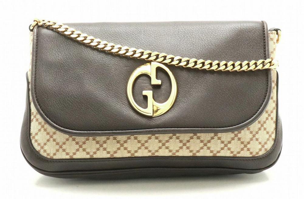 Gucci Double G Diamante Chain Shoulder Bag Leather Canvas Brown Dark Beige Cream